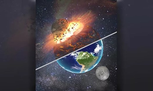 Hình minh họa về vụ va chạm khổng lồ giữa Theia và Trái đất, đặt cạnh Trái đất và Mặt trăng ngày nay. Ảnh: Adam Connell/LLNL