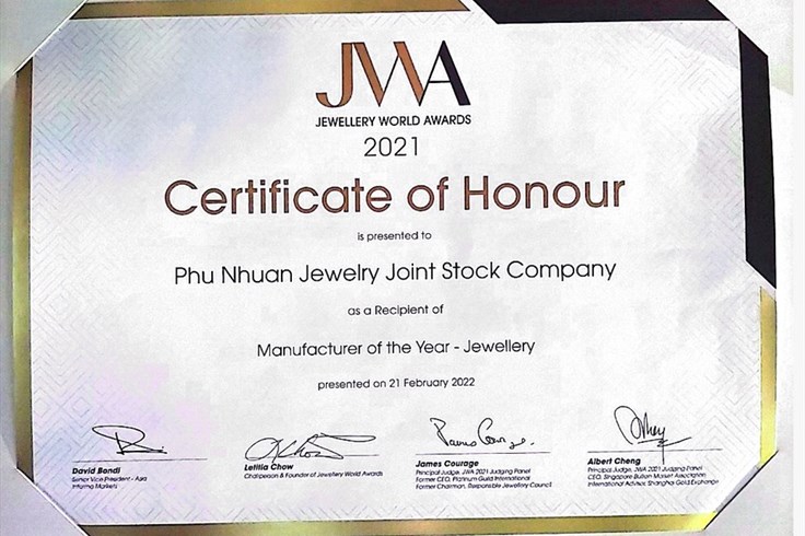 JWA vinh danh PNJ là nhà sản xuất, chế tác trang sức xuất sắc nhất năm 2021