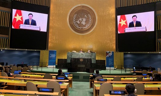 Phó Thủ tướng Thường trực Chính phủ Phạm Bình Minh có bài phát biểu ghi hình trước tại cuộc họp cấp cao của Đại hội đồng Liên Hợp Quốc về chủ đề “Tạo động lực cho tiêm chủng toàn cầu”. Ảnh: Bộ Ngoại giao