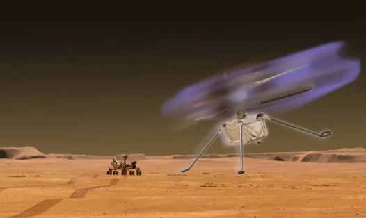 Ảnh minh họa về một máy bay không người lái trên sao Hỏa với cánh quạt phát ra ánh sáng rực rỡ. Ảnh: NASA/ JayFriedlander