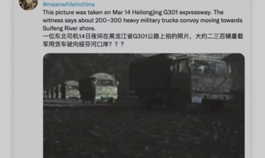 Trung Quốc khẳng định bức ảnh xe quân sự nước này tiến về Nga là tin giả. Ảnh chụp màn hình
