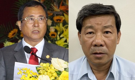 Hai cựu lãnh đạo cao nhất của tỉnh Bình Dương Trần Văn Nam, Trần Thanh Liêm (từ trái qua) sai phạm đặc biệt nghiêm trọng trong vụ đất vàng bị chuyển dịch giá bèo. Ảnh: Đình Trọng và BCA