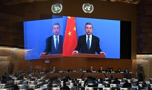 Ngoại trưởng Trung Quốc Vương Nghị phát biểu tại cuộc họp của Hội đồng Nhân quyền Liên Hợp Quốc ngày 28.2.2022. Ảnh: Xinhua
