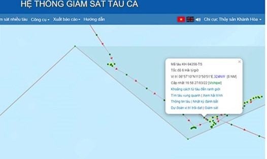 Vị trí tàu cá KH 94356 TS được cập nhật chiều 27.3, khi đang hoạt động trong vùng biển Việt Nam. Ảnh: Chi cục Thủy sản.