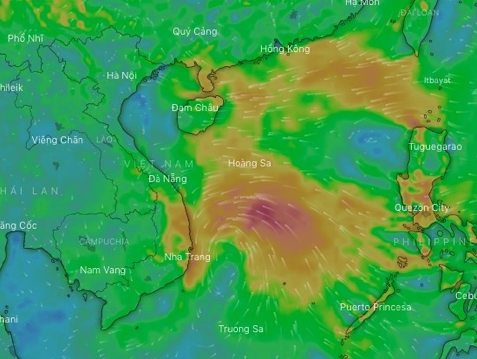 Lớp hướng gió trên biển. Ảnh: WINDY Lớp hướng gió trên biển. Ảnh: WINDY