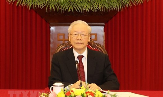 Tổng Bí thư Nguyễn Phú Trọng điện đàm với Thủ tướng Đức Olaf Scholz. Ảnh: TTXVN