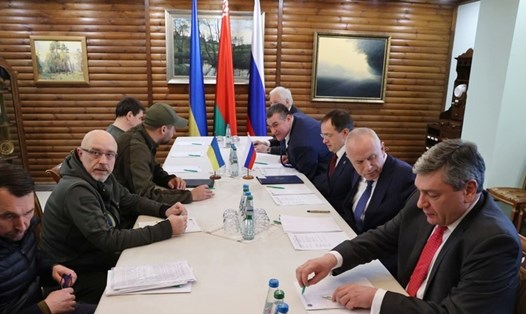 Phái đoàn Nga và Ukraina đàm phán ở Belarus ngày 3.3.2022. Ảnh: BelTA/Sputnik