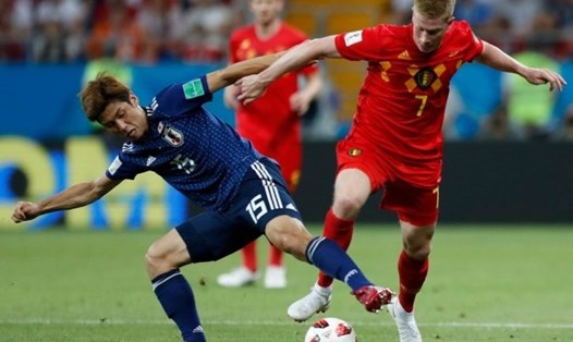 Tại World Cup 2018, tuyển Nhật Bản đã chạm trán tuyển Bỉ - đội bóng có cùng nhà tài trợ trang phục ở vòng 16 đội. Ảnh: FIFA