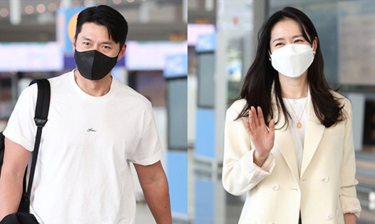 Hyun Bin và Son Ye Jin tại sân bay khi đi Mỹ hưởng tuần trăng mật. Ảnh chụp màn hình