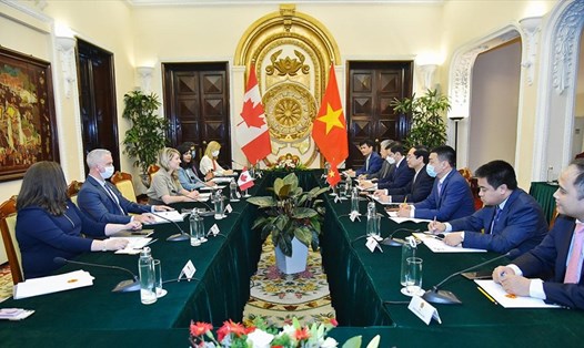 Bộ trưởng Ngoại giao Bùi Thanh Sơn hội đàm với Bộ trưởng Ngoại giao Canada Mélanie Joly. Ảnh: BNG