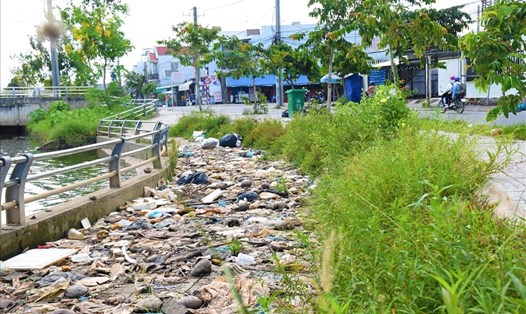 Rác vương vãi trên tuyến đường đi bộ xung quanh Hồ Bún Xáng làm ô nhiễm môi trường. Ảnh: Th.N