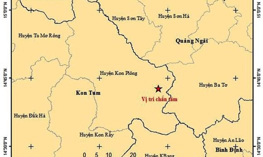 Trận động đất có độ lớn 4.5 xảy ra trưa 18.4 tại huyện Kon Plông, tỉnh Kon Tum. Nguồn: Viện Vật lý địa cầu