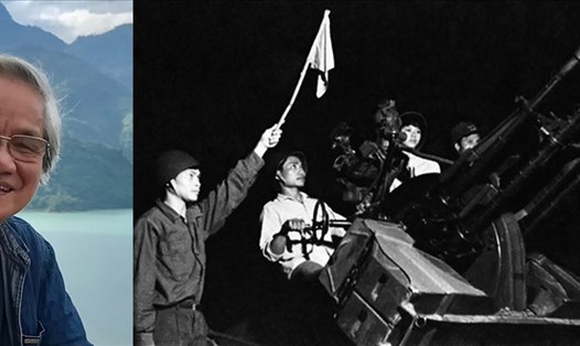 Đạo diễn, nhà biên kịch Nguyễn Sĩ Chung (trái) và tấm ảnh của phóng viên TTXVN chụp tự vệ Nhà máy Y Hà Nội ngày đêm nêu cao tinh thần cảnh giác, luyện tập sẵn sàng chiến đấu, bắn rơi máy bay Mỹ gây tội ác ở Thủ đô trong 12 ngày đêm tháng 12.1972.
