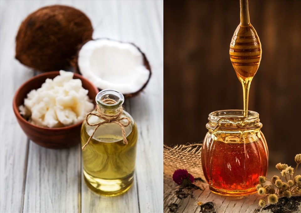 Có thể dùng mật ong và dầu dừa làm son dưỡng tại nhà. Đồ họa: Thanh Ngọc