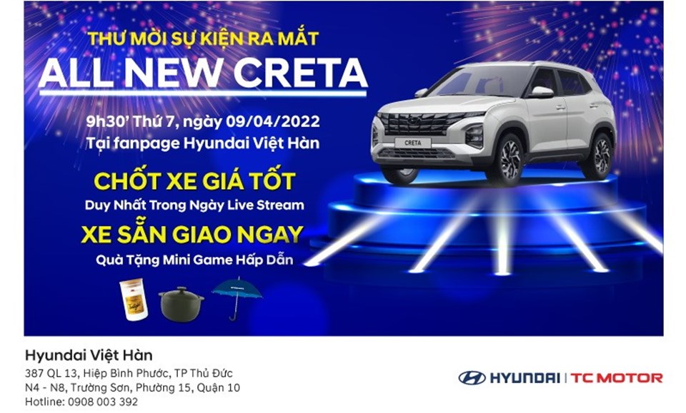 Hyundai Việt Hàn live stream ra mắt Hyundai Creta 2022 lúc 9h30 ngày 9.4. Hyundai Việt Hàn live stream ra mắt Hyundai Creta 2022 lúc 9h30 ngày 9.4.