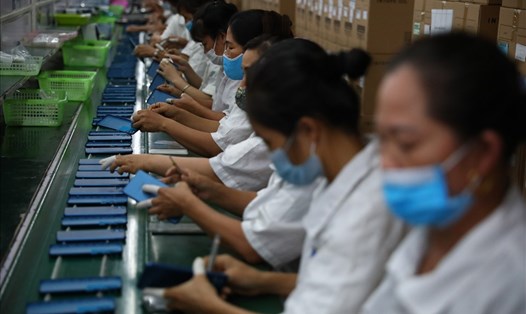 Công nhân làm việc trên một dây chuyền lắp ráp phụ kiện điện tử ở tỉnh Bắc Giang. Ảnh: Cường Ngô