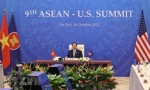 Thủ tướng Phạm Minh Chính dự Hội nghị Cấp cao ASEAN-Mỹ lần thứ 9 theo hình thức trực tuyến, ngày 26.10.2021. Ảnh: TTXVN