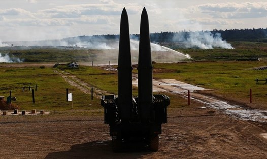 Tên lửa Iskander được trưng bày tại triển lãm vũ khí ở Mátxcơva, Nga. Ảnh: Getty