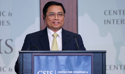 Thủ tướng Phạm Minh Chính phát biểu tại Trung tâm nghiên cứu Chiến lược và Quốc tế Mỹ (CSIS). Ảnh: VGP