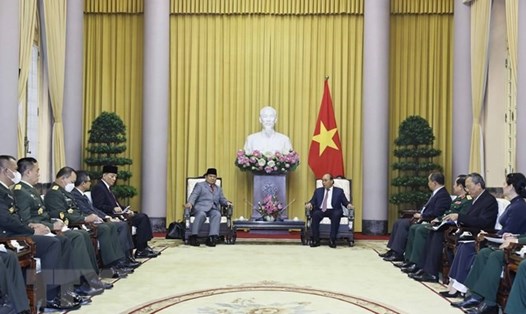 Chủ tịch nước Nguyễn Xuân Phúc vui mừng nhận thấy quan hệ quốc phòng Việt Nam - Indonesia tiếp tục phát triển. Ảnh: TTXVN