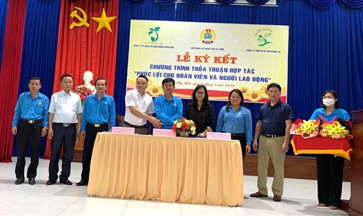 Đại diện các doanh nghiệp và LĐLĐ tỉnh Tây Ninh ký kết thoả thuận hợp tác. Ảnh: M.T