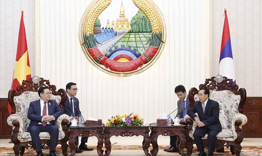 Chủ tịch Quốc hội Vương Đình Huệ hội kiến với Thủ tướng Lào Phankham Viphavanh. Ảnh: Doãn Tấn
