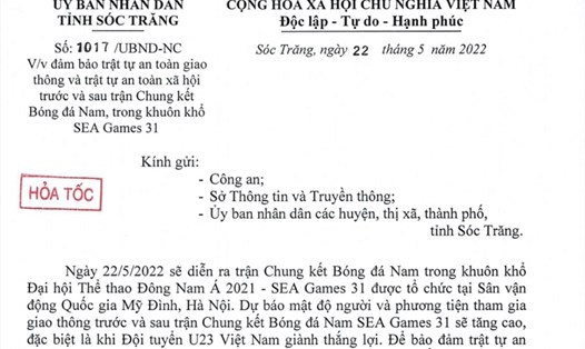 Văn bản chỉ đạo của Chủ tịch UBND tỉnh Sóc Tăng trước giờ diễn ra trận Chung kết bóng đá Nam trong khuôn khổ SEA Games 31. Ảnh: Nhật Hồ