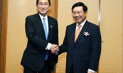 Phó Thủ tướng Phạm Bình Minh chào Thủ tướng Nhật Bản Kishida Fumio. Ảnh: Bộ Ngoại giao