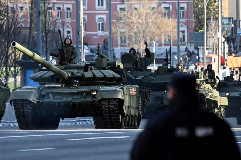 Item of the display of Russian weapons rehearsing for the Victory Day parade