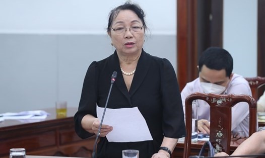 Bà Hà Thị Liên, nguyên Phó Chủ tịch Ủy ban Trung ương MTTQ Việt Nam phát biểu tại hội nghị. Ảnh: PV