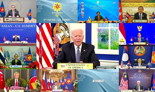 Các nhà lãnh đạo dự Hội nghị Cấp cao ASEAN-Mỹ lần thứ 9 theo hình thức trực tuyến ngày 26.10.2021. Ảnh: CMH