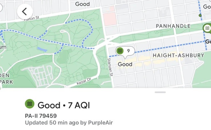 Google Maps sẽ hiển thị cả thông tin chất lượng không khí. Ảnh: Google