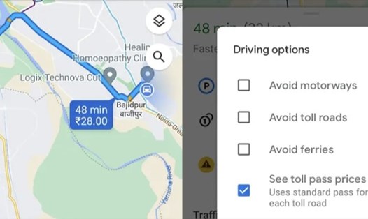 Tính năng ước tính giá phí đường bộ đã được cập nhật trên Google Maps. Ảnh chụp màn hình.