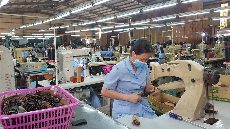 Công nhân nhà máy da giày trong giờ làm việc. Ảnh: Lương Hạnh