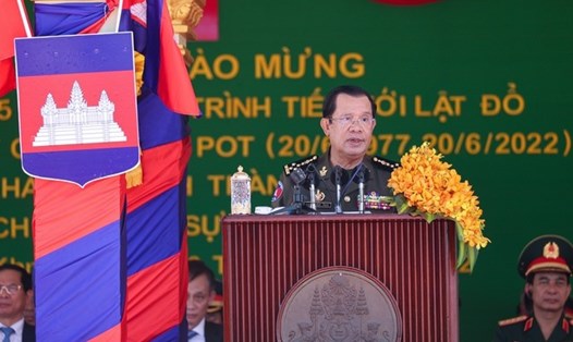 Thủ tướng Campuchia Samdech Techo Hun Sen phát biểu tại lễ kỷ niệm. Ảnh: VGP