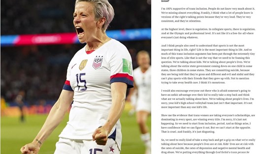 Megan Rapinoe là một trong những cầu thủ nổi tiếng của bóng đá nữ đã thể hiện quan điểm về chuyện cấm vận động viên chuyển giới thi đấu ở các môn thể thao của nữ. Ảnh: Twitter