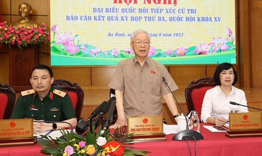 Tổng Bí thư Nguyễn Phú Trọng phát biểu tại hội nghị tiếp xúc cử tri sau kỳ họp thứ 3, Quốc hội khóa XV. Ảnh: TTXVN