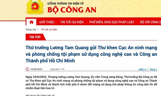 Ảnh chụp màn hình thông tin Thứ trưởng Lương Tam Quang gửi thư khen.