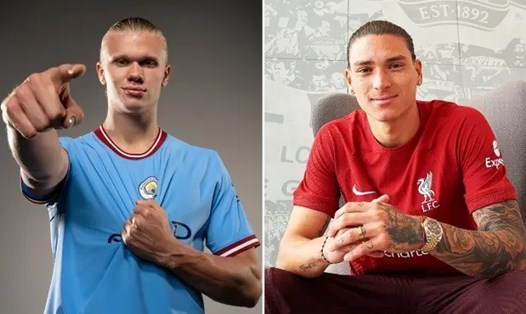 Haaland và Nunez trong màu áo mới. Ảnh: Man City/Liverpool FC