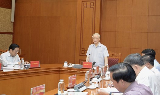 Tổng Bí thư Nguyễn Phú Trọng chủ trì họp Thường trực Ban Chỉ đạo Trung ương về phòng, chống tham nhũng, tiêu cực ngày 27.4.2022. Ảnh: TTXVN