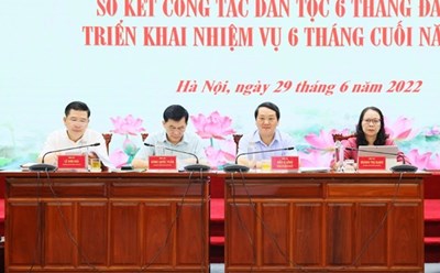 Bộ trưởng, Chủ nhiệm UBDT Hầu A Lềnh và các Thứ trưởng, Phó Chủ nhiệm UBDT đồng chủ trì Hội nghị. Ảnh: Phạm Đông