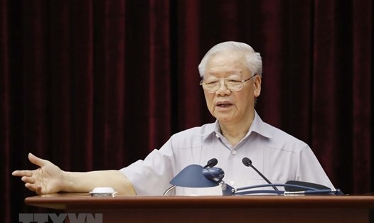 Tổng Bí thư Nguyễn Phú Trọng phát biểu tại hội nghị tổng kết 10 năm công tác phòng, chống tham nhũng, tiêu cực, giai đoạn 2012-2022. Ảnh: TTXVN