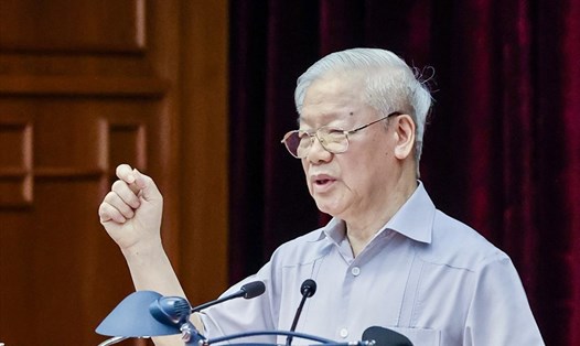 Tổng Bí thư Nguyễn Phú Trọng phát biểu chỉ đạo tại Hội nghị Tổng kết 10 năm công tác phòng, chống tham nhũng, tiêu cực giai đoạn 2012-2022. Ảnh: Nhật Bắc