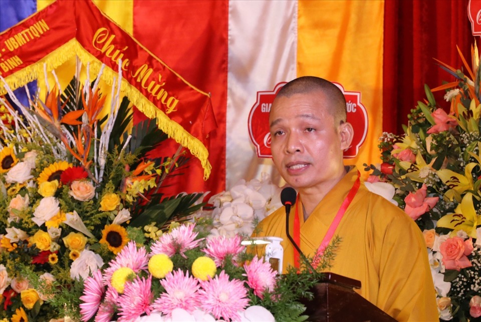 Thượng toạ Thích Minh Quang tổng kết công tác nhiệm kỳ 2017 - 2022. Ảnh: Phạm Đông