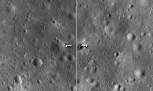 Trước và sau va chạm của tên lửa bí ẩn với Mặt trăng (Miệng núi lửa tác động kép trên hình ảnh thứ hai). Ảnh: NASA