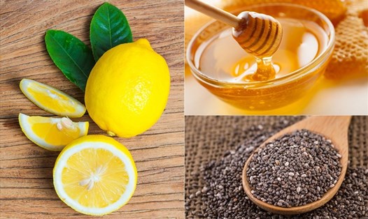 Thức uống làm từ chanh, hạt chia, mật ong giúp giảm mỡ bụng. Đồ họa: Doãn Hằng