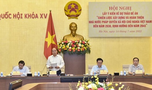 Chủ tịch nước Nguyễn Xuân Phúc - Trưởng Ban Chỉ đạo xây dựng Đề án phát biểu. Ảnh: Lâm Hiển
