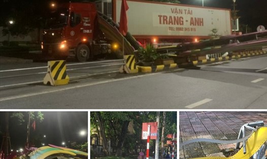 Hiện trường vụ xe container đâm đổ cổng chào tại TP.Thái Bình vào đêm 14.7. Ảnh: T.D