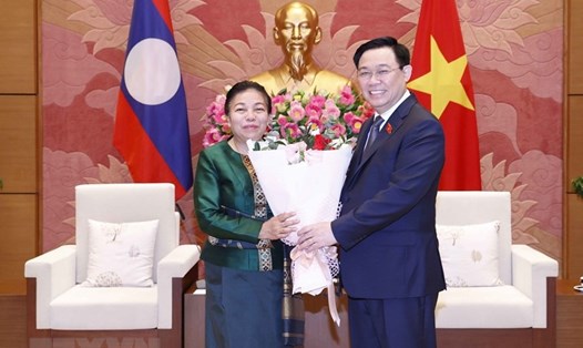Chủ tịch Quốc hội Vương Đình Huệ tiếp Phó Chủ tịch Quốc hội Lào, Chủ tịch Nhóm nghị sĩ hữu nghị Lào-Việt Nam Sounthon Xayachak. Ảnh: TTXVN
