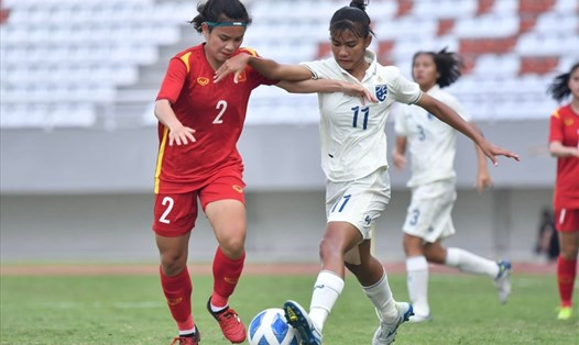 U18 nữ Việt Nam giành chiến thắng 1-0 trước U18 nữ Thái Lan ở trận đấu cuối cùng bảng A U18 nữ Đông Nam Á 2022. Ảnh: FAT